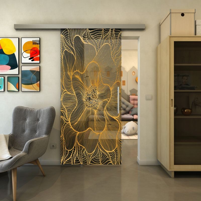 Glasschiebetür SLIM-LINE - Fineprint Modell 020 Gold auf Grauglas