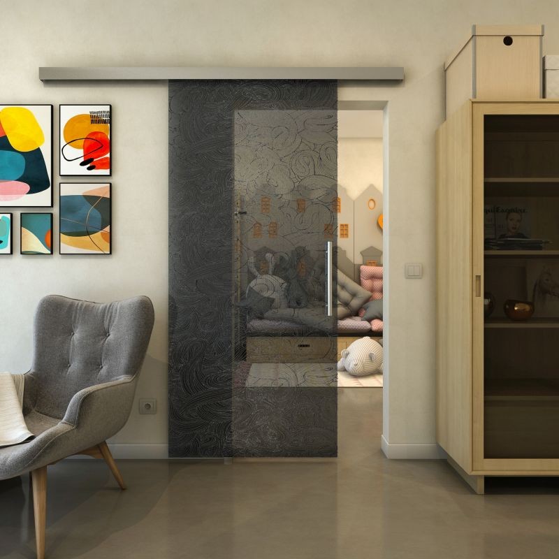 Glasschiebetür SLIM-LINE - Fineprint Modell 021 Schwarz auf Grauglas