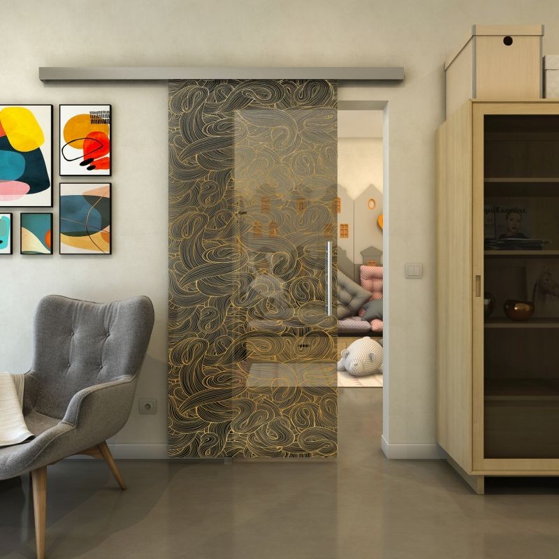 Glasschiebetür SLIM-LINE - Fineprint Modell 021 Gold auf Grauglas