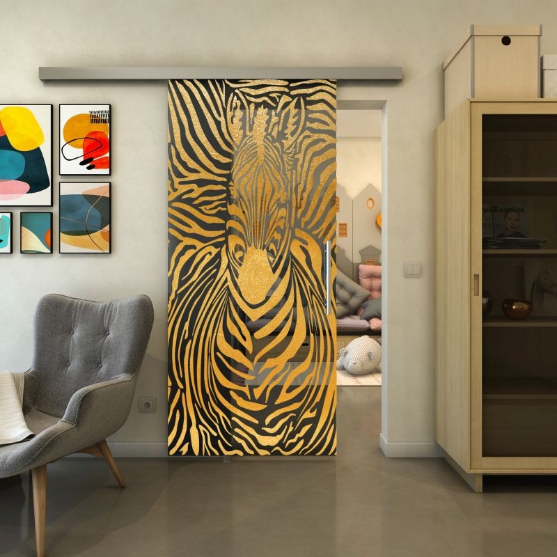 Glasschiebetür SLIM-LINE - Fineprint Modell 023 Gold auf Grauglas