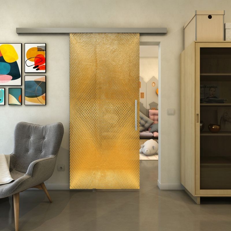 Glasschiebetür SLIM-LINE - Fineprint Modell 025 Gold auf Grauglas