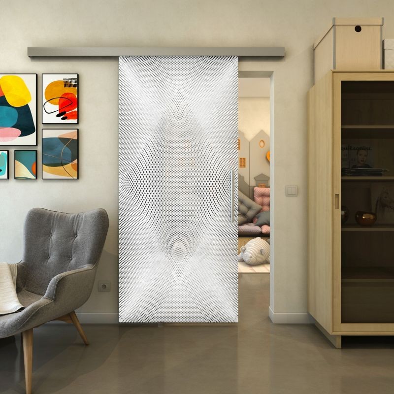 Glasschiebetür SLIM-LINE - Fineprint Modell 025 Weiss auf Grauglas