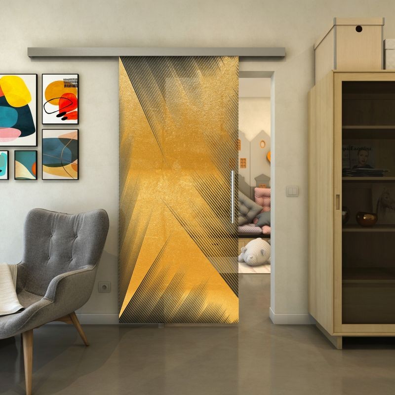 Glasschiebetür SLIM-LINE - Fineprint Modell 026 Gold auf Grauglas
