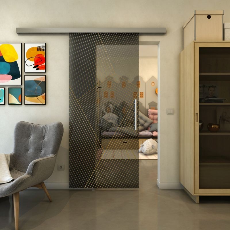 Glasschiebetür SLIM-LINE - Fineprint Modell 028 Gold auf Grauglas