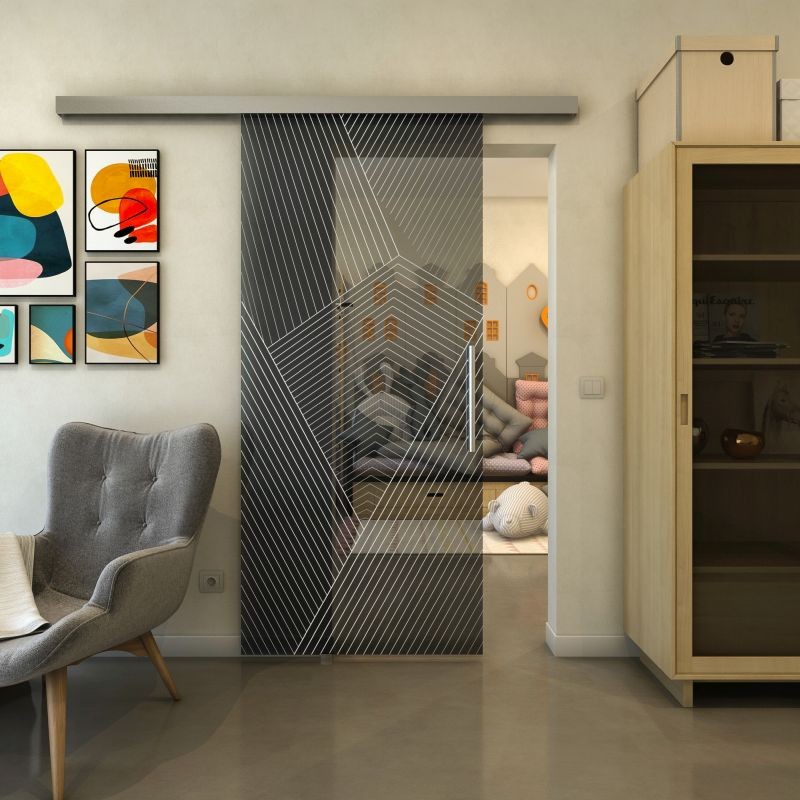 Glasschiebetür SLIM-LINE - Fineprint Modell 028 Weiss auf Grauglas