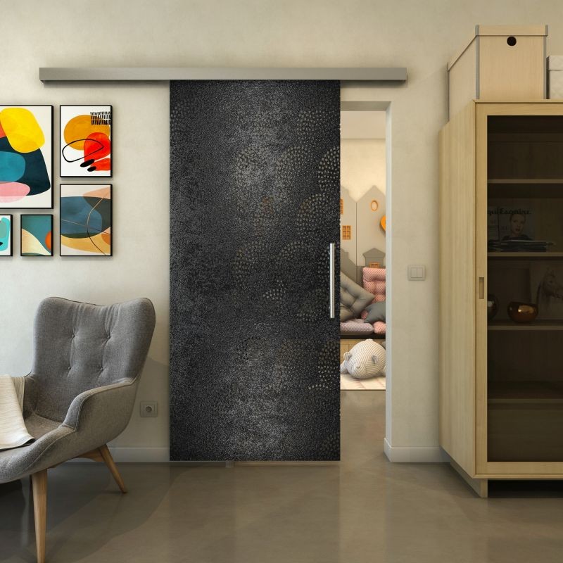 Glasschiebetür SLIM-LINE - Fineprint Modell 029 Schwarz auf Grauglas