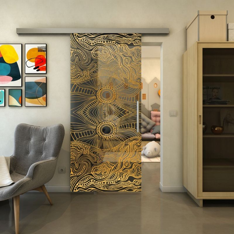 Glasschiebetür SLIM-LINE - Fineprint Modell 030 Gold auf Grauglas