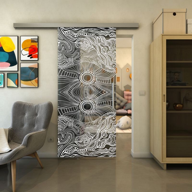 Glasschiebetür SLIM-LINE - Fineprint Modell 030 Weiss auf Grauglas