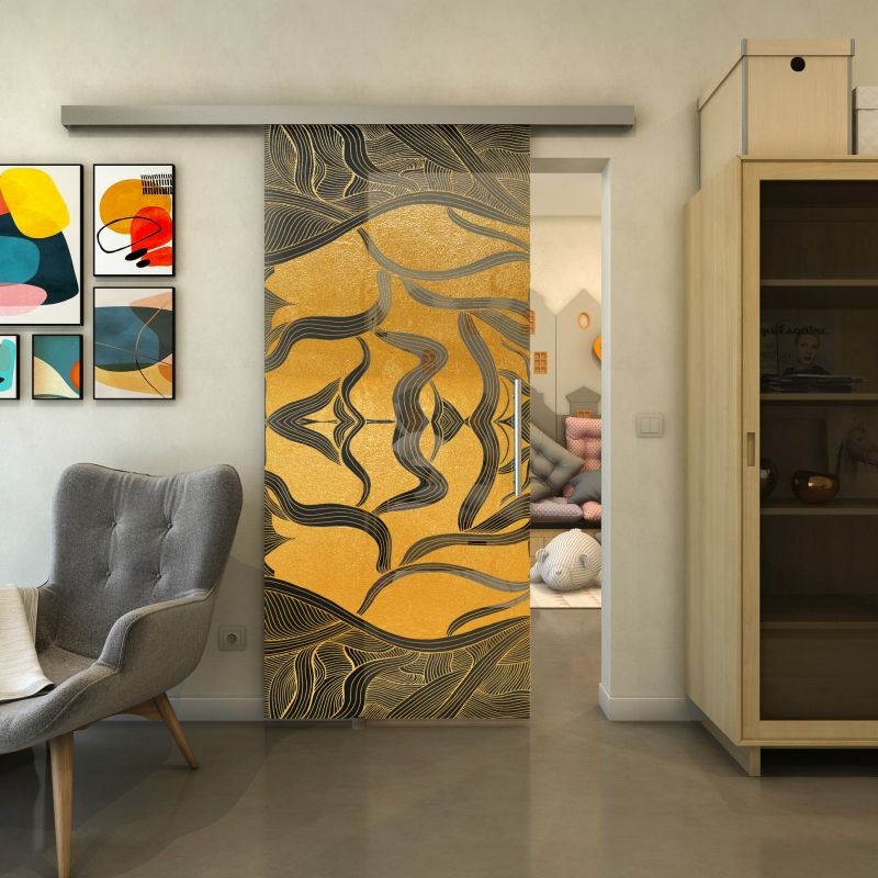 Glasschiebetür SLIM-LINE - Fineprint Modell 031 Gold auf Grauglas