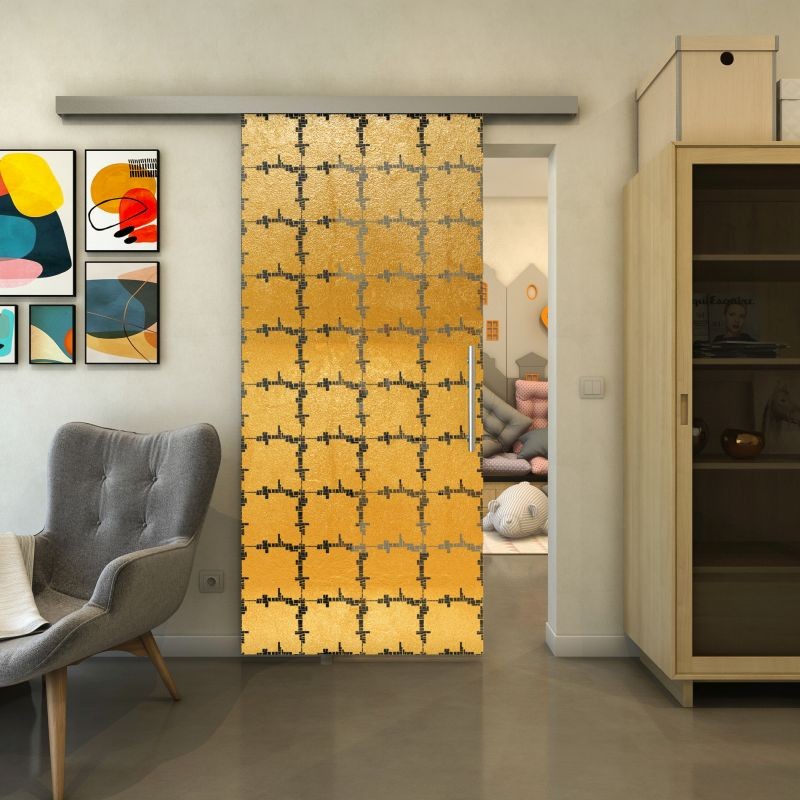 Glasschiebetür SLIM-LINE - Fineprint Modell 033 Gold auf Grauglas