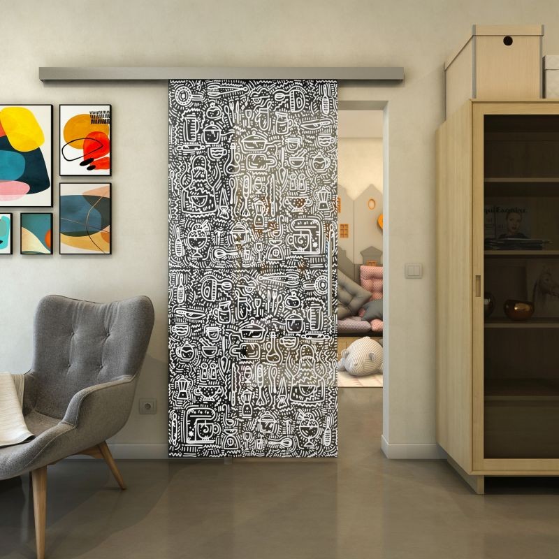 Glasschiebetür SLIM-LINE - Fineprint Modell 036 Weiss auf Grauglas