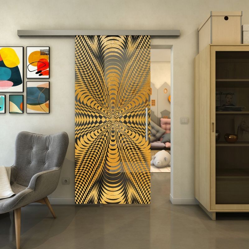 Glasschiebetür SLIM-LINE - Fineprint Modell 037 Gold auf Grauglas