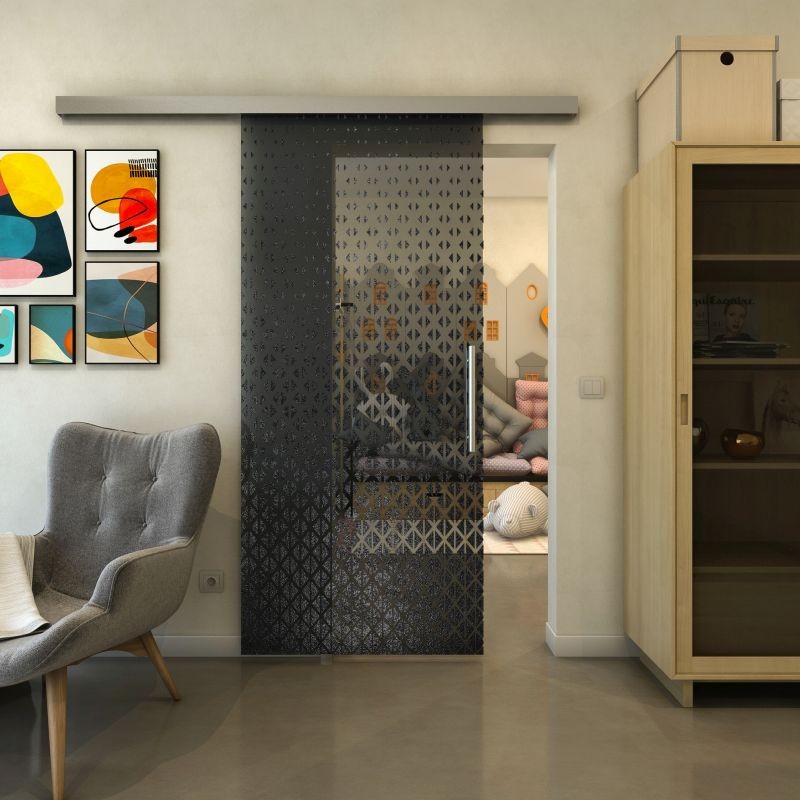 Glasschiebetür SLIM-LINE - Fineprint Modell 038 Schwarz auf Grauglas