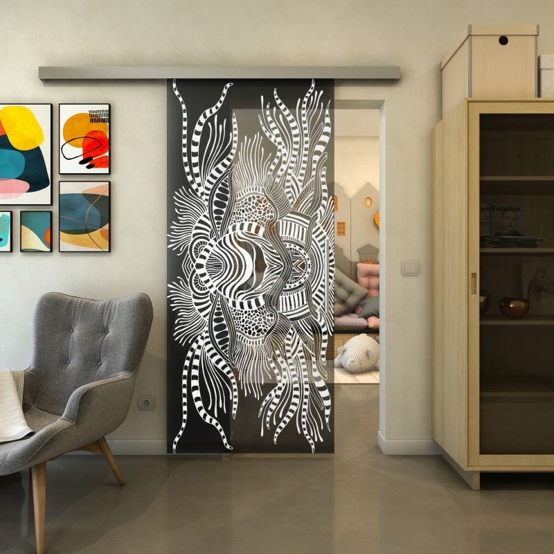 Glasschiebetür SLIM-LINE - Fineprint Modell 039 Weiss auf Grauglas