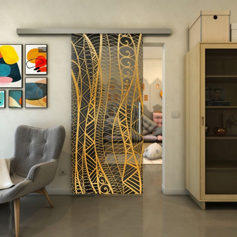 Glasschiebetür SLIM-LINE - Fineprint Modell 040 Gold auf Grauglas