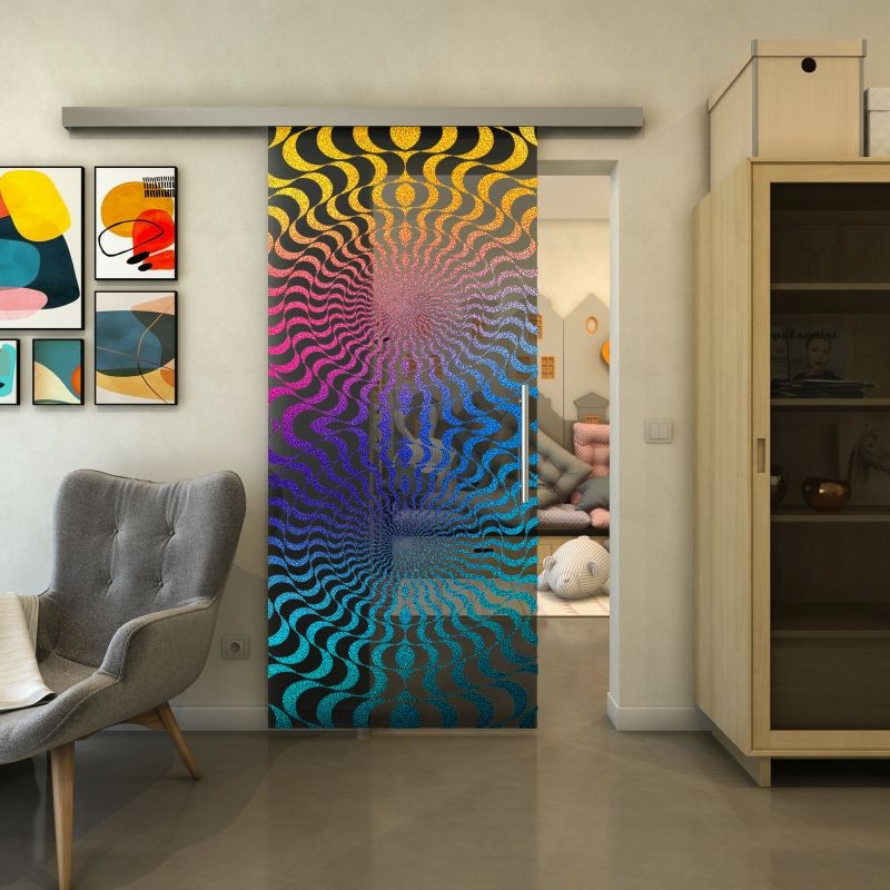 Glasschiebetür SLIM-LINE - Fineprint Modell 042 Verlauf auf Grauglas
