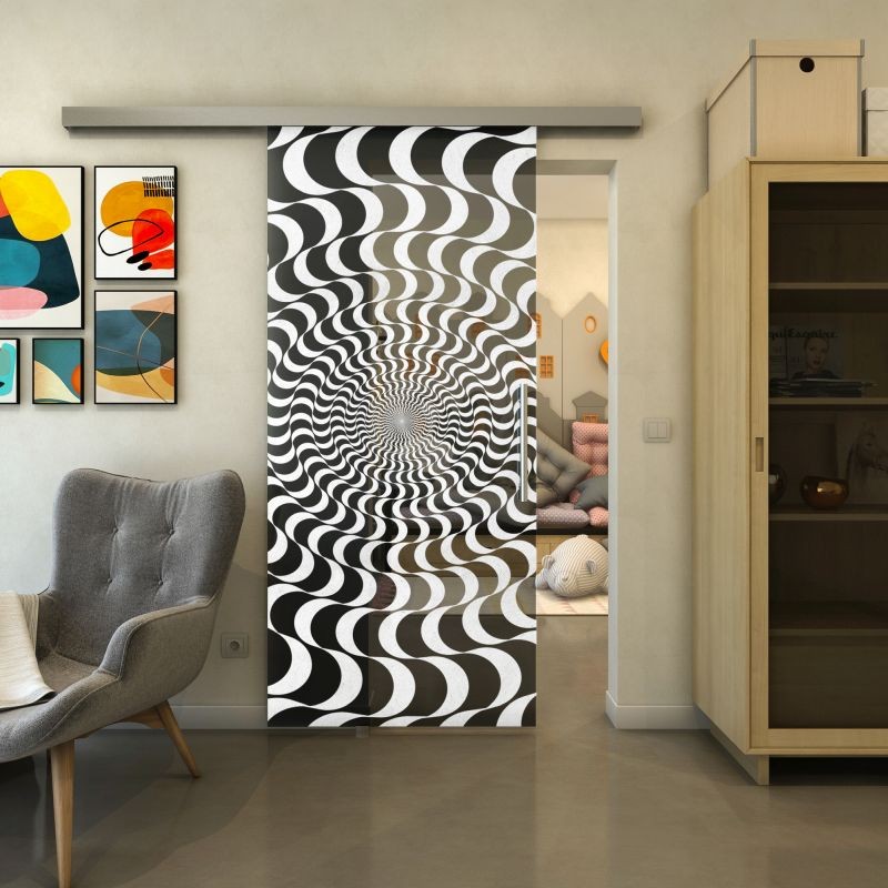 Glasschiebetür SLIM-LINE - Fineprint Modell 044 Weiss auf Grauglas