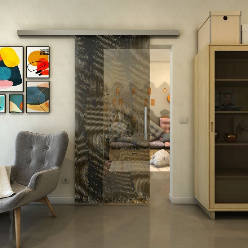 Glasschiebetür SLIM-LINE - Fineprint Modell 045 Gold auf Grauglas