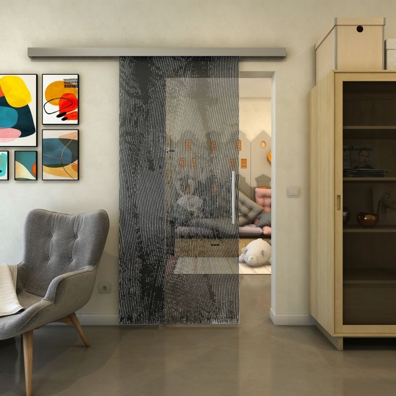 Glasschiebetür SLIM-LINE - Fineprint Modell 045 Weiss auf Grauglas