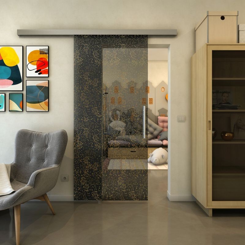 Glasschiebetür SLIM-LINE - Fineprint Modell 047 Gold auf Grauglas