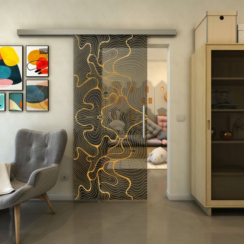 Glasschiebetür SLIM-LINE - Fineprint Modell 049 Gold auf Grauglas
