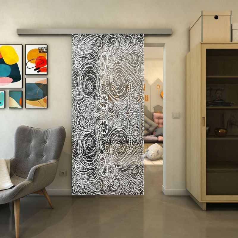 Glasschiebetür SLIM-LINE - Fineprint Modell 051 Weiss auf Grauglas