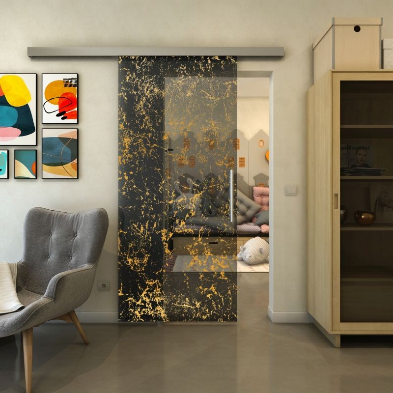 Glasschiebetür SLIM-LINE - Fineprint Modell 054 Gold auf Grauglas