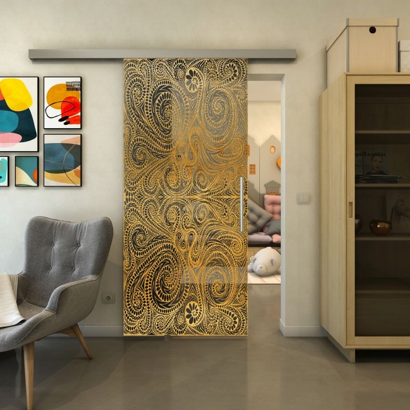 Glasschiebetür SLIM-LINE - Fineprint Modell 055 Gold auf Grauglas