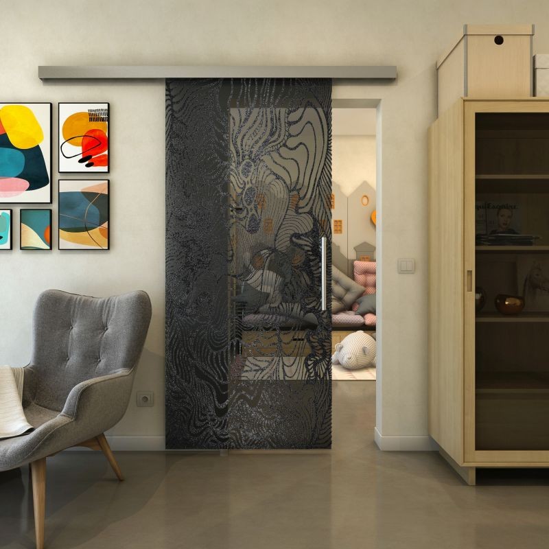 Glasschiebetür SLIM-LINE - Fineprint Modell 056 Schwarz auf Grauglas