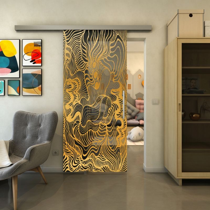 Glasschiebetür SLIM-LINE - Fineprint Modell 056 Gold auf Grauglas