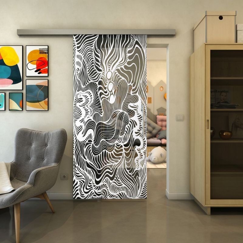 Glasschiebetür SLIM-LINE - Fineprint Modell 056 Weiss auf Grauglas