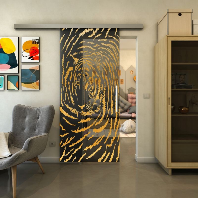 Glasschiebetür SLIM-LINE - Fineprint Modell 057 Gold auf Grauglas