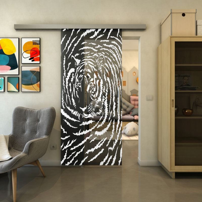 Glasschiebetür SLIM-LINE - Fineprint Modell 057 Weiss auf Grauglas