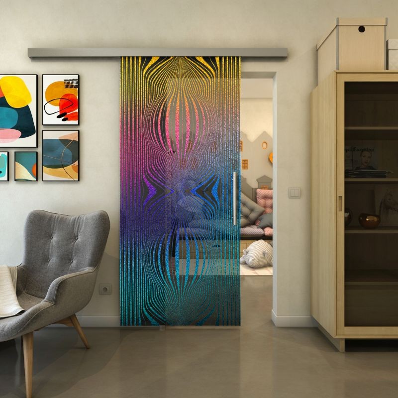 Glasschiebetür SLIM-LINE - Fineprint Modell 058 Verlauf auf Grauglas