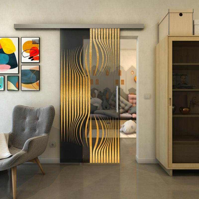 Glasschiebetür SLIM-LINE - Fineprint Modell 059 Gold auf Grauglas