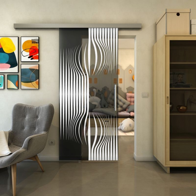 Glasschiebetür SLIM-LINE - Fineprint Modell 059 Weiss auf Grauglas