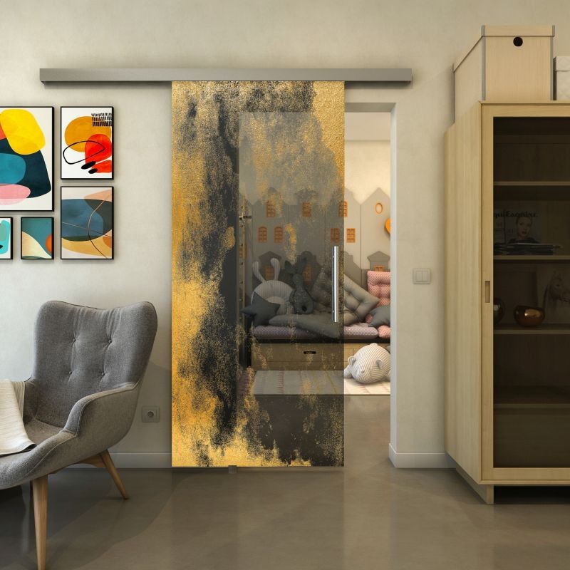 Glasschiebetür SLIM-LINE - Fineprint Modell 061 Gold auf Grauglas