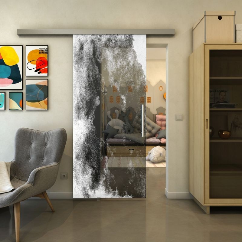 Glasschiebetür SLIM-LINE - Fineprint Modell 061 Weiss auf Grauglas