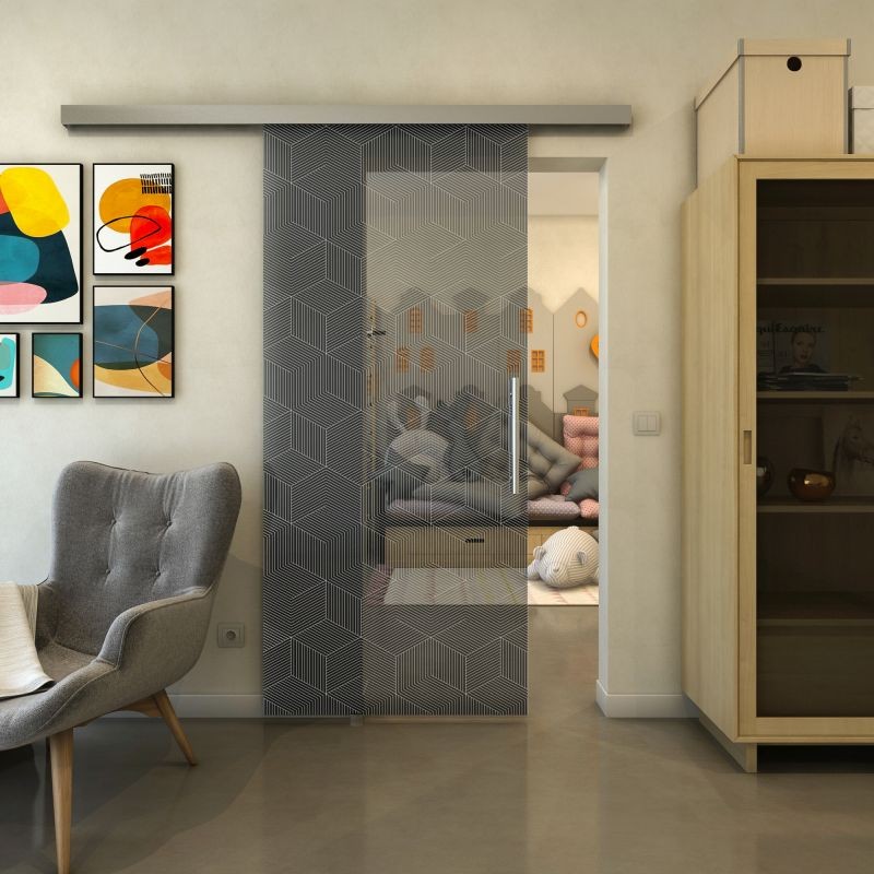 Glasschiebetür SLIM-LINE - Fineprint Modell 063 Weiss auf Grauglas