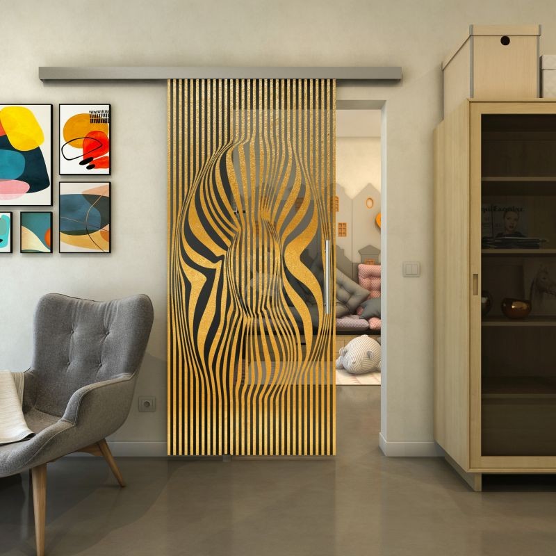 Glasschiebetür SLIM-LINE - Fineprint Modell 065 Gold auf Grauglas