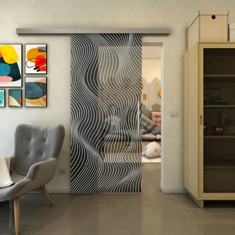 Glasschiebetür SLIM-LINE - Fineprint Modell 066 Weiss auf Grauglas