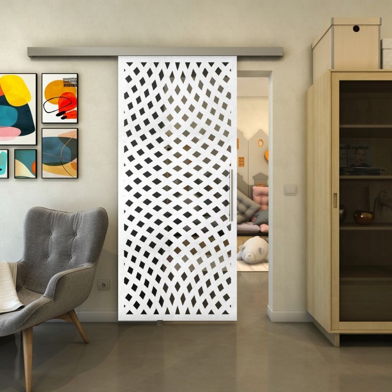 Glasschiebetür SLIM-LINE - Fineprint Modell 068 Weiss auf Grauglas