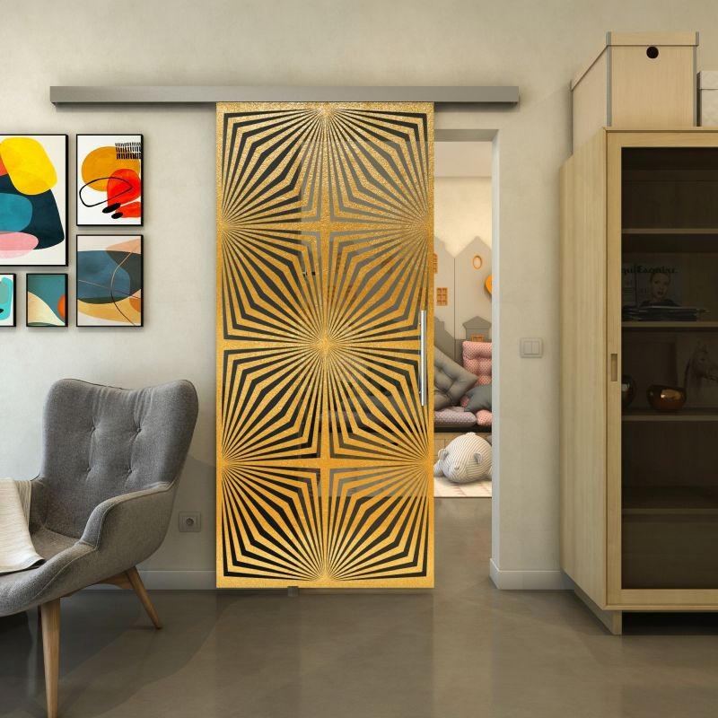 Glasschiebetür SLIM-LINE - Fineprint Modell 069 Gold auf Grauglas
