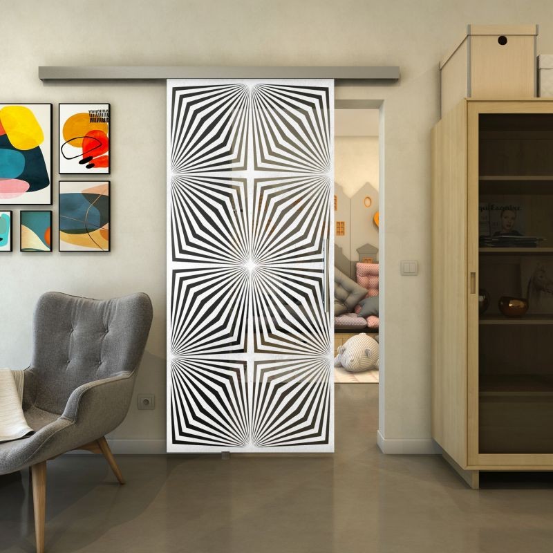 Glasschiebetür SLIM-LINE - Fineprint Modell 069 Weiss auf Grauglas