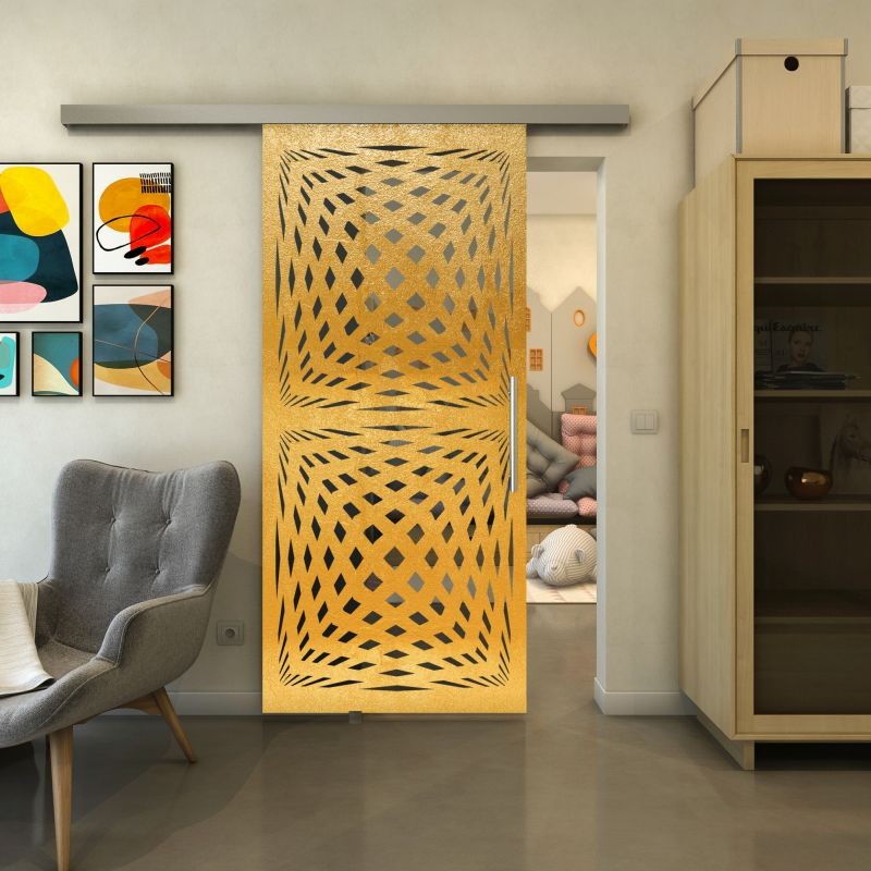 Glasschiebetür SLIM-LINE - Fineprint Modell 071 Gold auf Grauglas