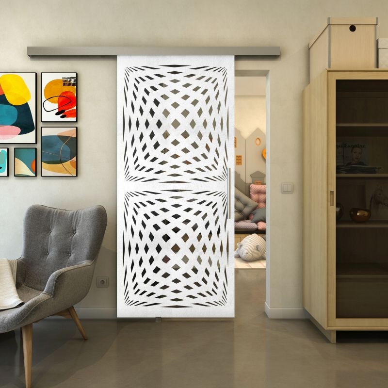 Glasschiebetür SLIM-LINE - Fineprint Modell 071 Weiss auf Grauglas