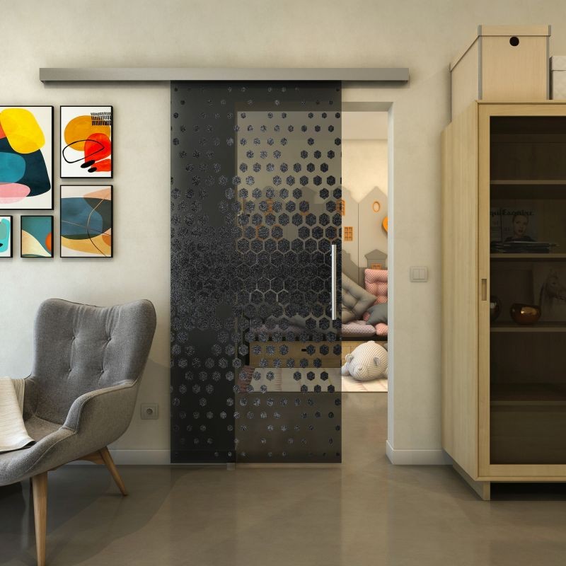 Glasschiebetür SLIM-LINE - Fineprint Modell 072 Schwarz auf Grauglas
