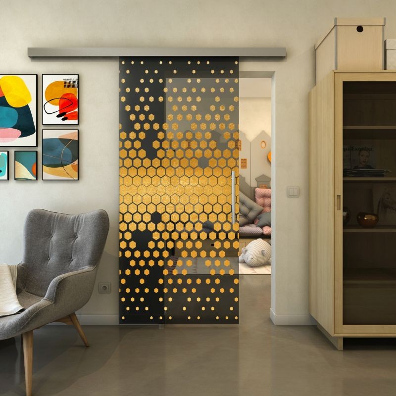 Glasschiebetür SLIM-LINE - Fineprint Modell 072 Gold auf Grauglas