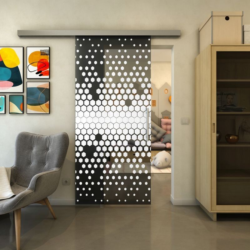 Glasschiebetür SLIM-LINE - Fineprint Modell 072 Weiss auf Grauglas