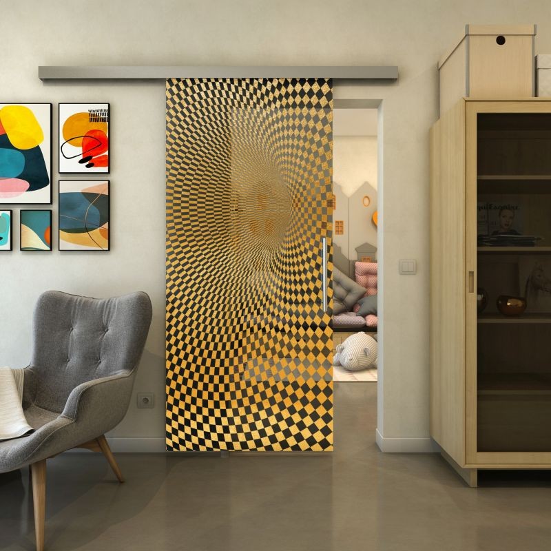 Glasschiebetür SLIM-LINE - Fineprint Modell 075 Gold auf Grauglas
